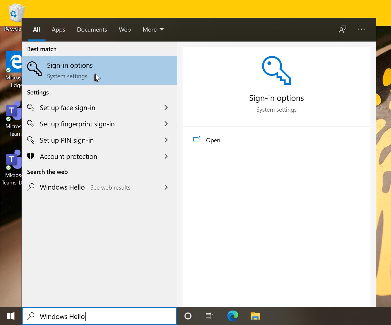 Click here to search being used to search for Windows Hello