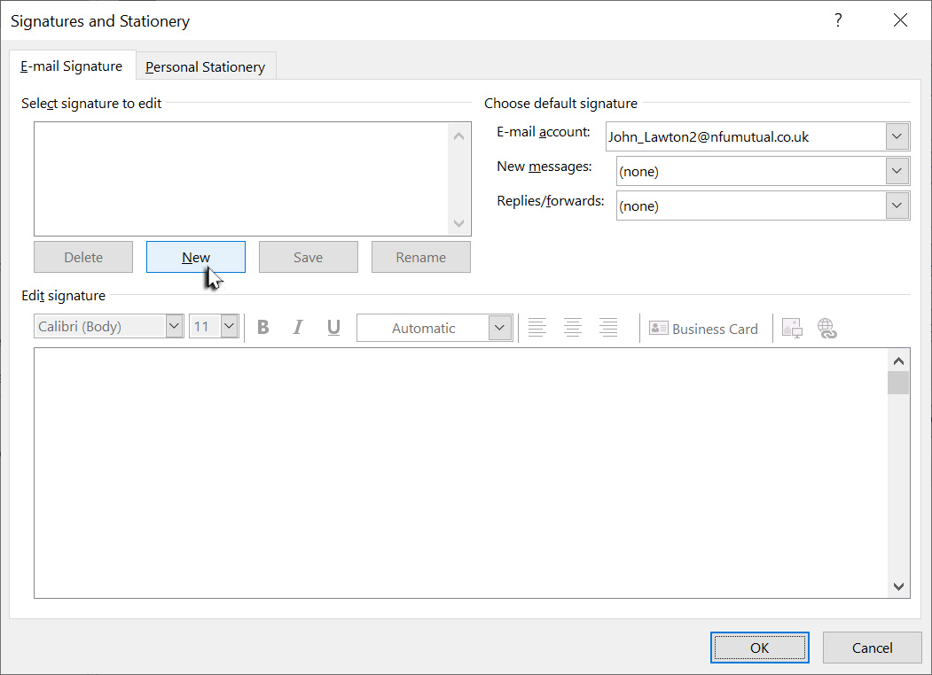 Clicking New to create a new signature