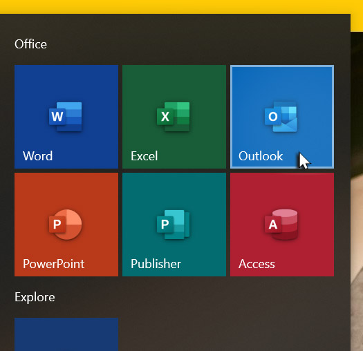 Launching Outlook from the Start menu