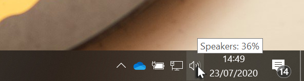 Notification area with mouse hovering over Volume tool revealing current volume