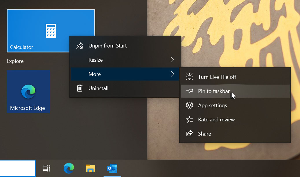 Creating a taskbar shortcut from a Start menu application tile