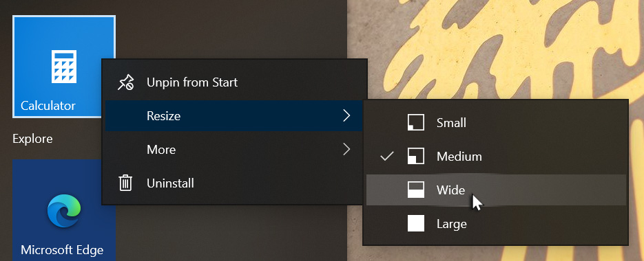 Resizing a Start menu tile