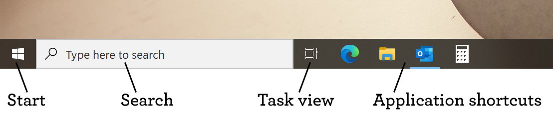 The taskbar with Start, Search, Task view and Application shortcuts