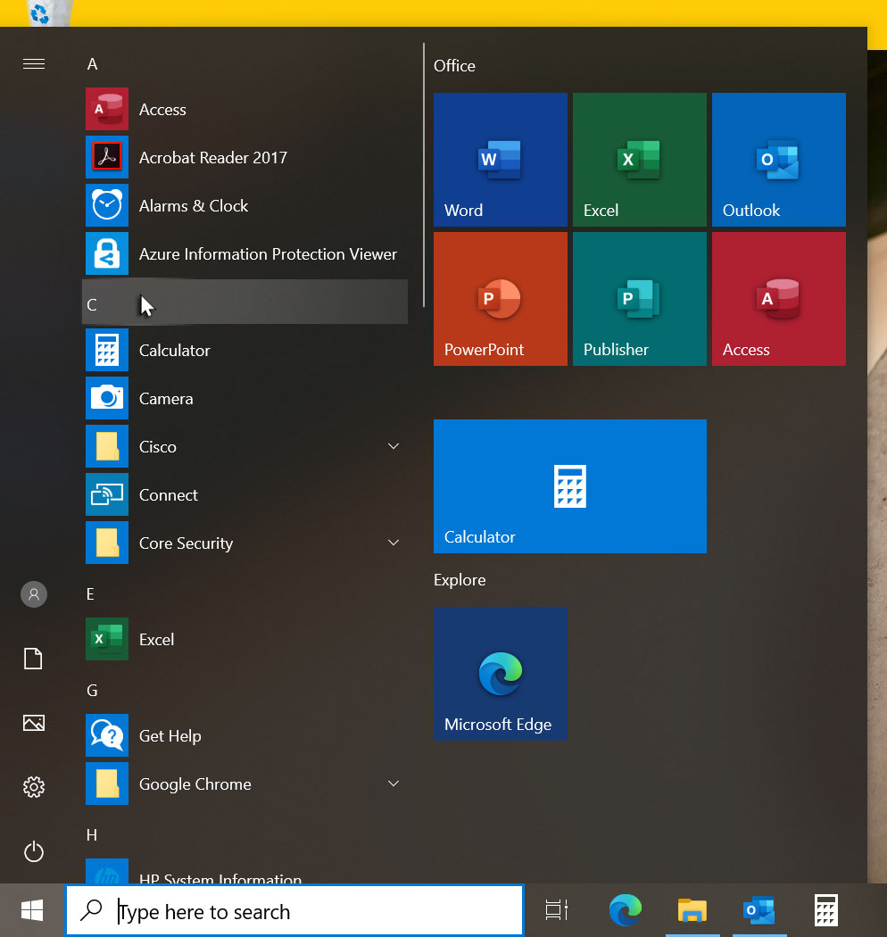 Clicking one of the alphabetic headers in the Start menu to locate an application quickly