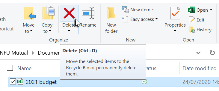 Deleting the selected file or folder with the Delete tool from the Home tab