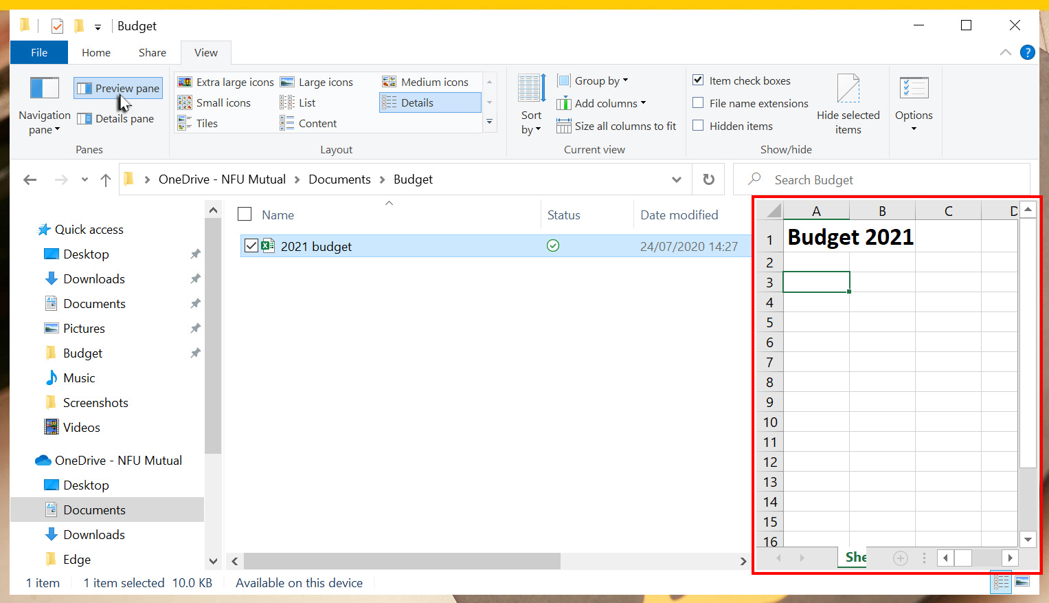 Preview pane revealing preview of selected file
