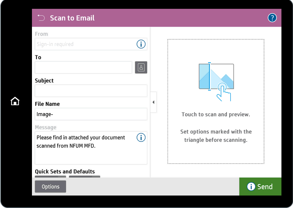 Scan to email screen on printer